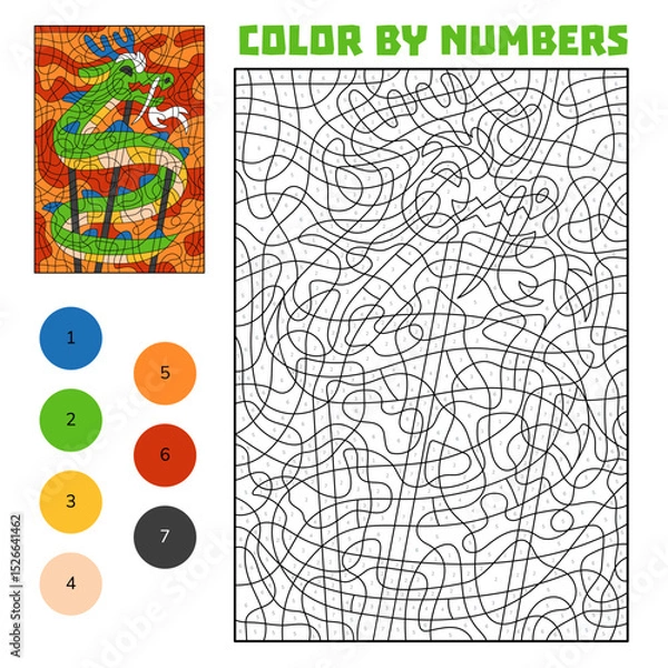 Fototapeta Color by number worksheet with a traditional dragon puppet on sticks. Fun Lunar New Year activity for kids. Printable educational game with numbers