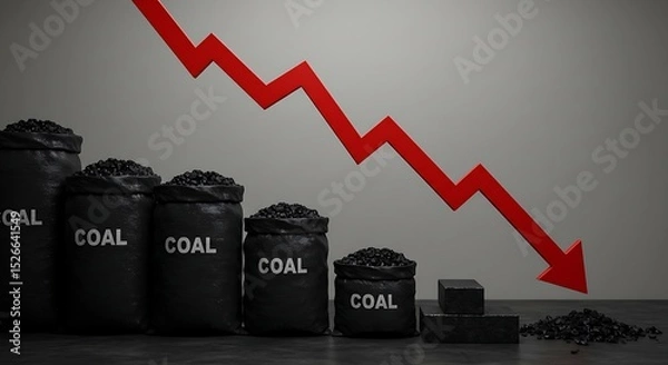 Fototapeta The diminishing piles of labeled coal bags accompanied by a prominent red descending arrow effectively communicate a fall in coal demand or supply, impacting the industry and driving the need for clea