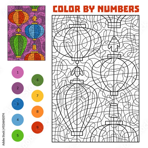 Fototapeta Color by number printable with traditional Chinese and Vietnamese lanterns. Educational worksheet for Lunar New Year celebration and culture learning
