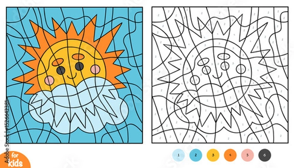 Fototapeta Color by number, education game for kids, Sun and white clouds in the blue sky. Square coloring page