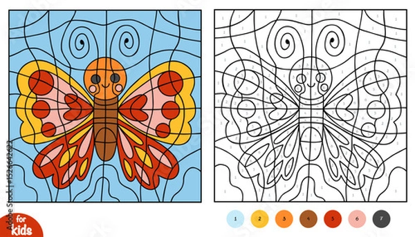Fototapeta Color by number butterfly for kids. Educational printable coloring page with cute cartoon insect, contour lines and numbered areas