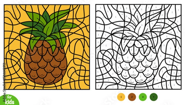 Fototapeta Cute cartoon pineapple color by number. Educational summer activity page for kids