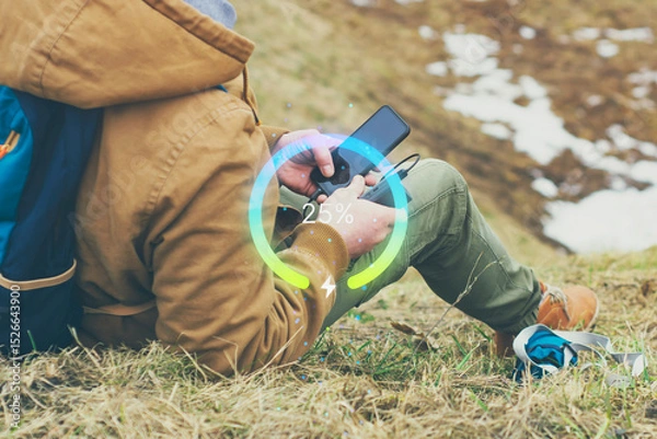Obraz A traveler in the mountains charges his Smartphone with portable Power Bank. The battery indicator shows the percentage of charge. The concept of travel and outdoor chargers.