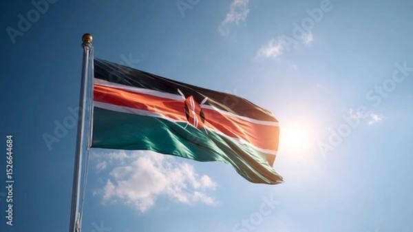 Fototapeta Flag of Kenya waving proudly in the sky on independence day celebration
