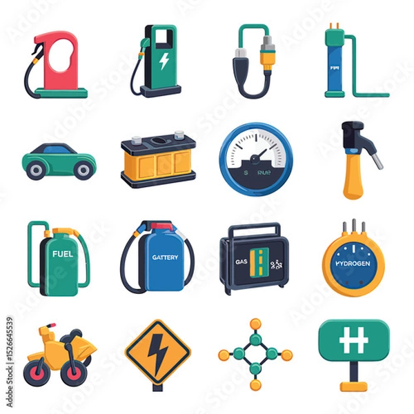 Fototapeta vector icons to vehicle fueling and charging a gasoline pump, an electric vehicle plug hydrogen mole