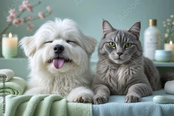 Fototapeta Happy dog and relaxed cat enjoying a cozy moment together in a tranquil indoor setting