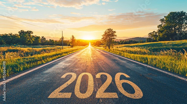 Fototapeta long road leading into the distance with the bold number 2026 New Year