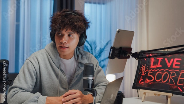 Fototapeta Young happy Asian couple wear headphone sit on desk online live streaming football live score excited cheering watch soccer sport game on laptop talk with audience in small studio at home at night.