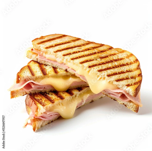 Obraz ham and cheese toast, sliced diagonally, grilled sandwich with melted cheese and ham, floating effect,soft drop shadow, studio lighting, product photography style