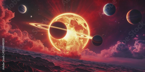 Fototapeta Stunning cosmic landscape featuring a glowing sun, planets, and vibrant clouds in a distant galaxy