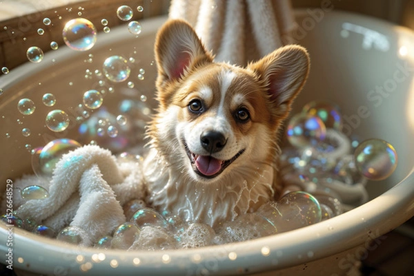 Fototapeta Corgi enjoys a playful bath with bubbles in a cozy bathroom setting