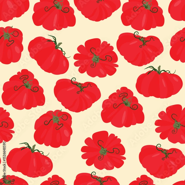 Obraz Seamless pattern heirloom tomatoes with green stems different shapes. Flat vector illustration isolated on light background. Colorful vegetable variety. Healthy eating and organic farming concept