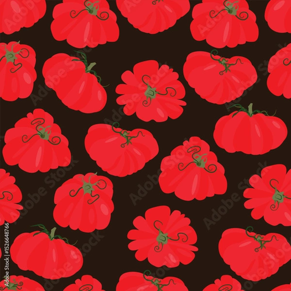 Obraz Seamless pattern heirloom tomatoes with green stems different shapes. Flat vector illustration isolated on dark background. Colorful vegetable variety. Healthy eating and organic farming concept