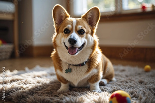 Fototapeta Cute corgi relaxing indoors with colorful toys in a cozy room during afternoon sunlight