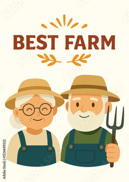 Fototapeta Smiling senior farmer couple wearing hats and overalls holding pitchfork under "Best Farm" sign. Flat cartoon illustration for banner and print. Farming and agriculture concept. Design for banner