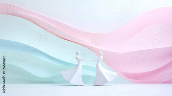 Fototapeta Elegant abstract scene featuring two white figures holding hands against pastel background of flowing waves. soft colors evoke sense of harmony