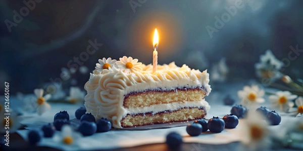 Obraz First birthday cake with candle, ai generated.