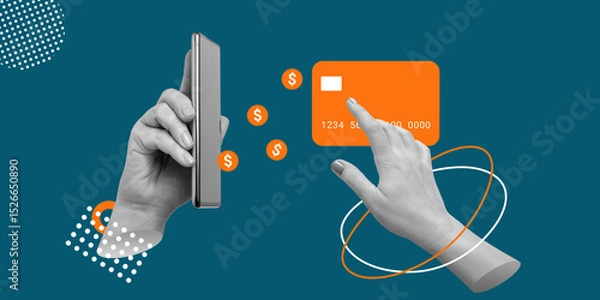 Fototapeta Mobile application for banking transactions, electronic money concept. Hand holds smartphone, from which symbolic dollars fly out, other hand points to hovering bank card. Minimalistic art collage