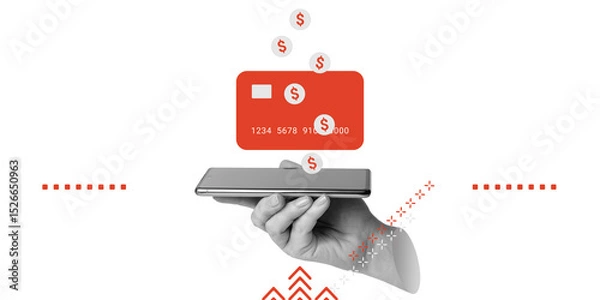 Fototapeta Mobile Payment, e-wallet use. Hand holds smartphone while red bank card and dollar icons float above, representing mobile payment or e-wallet use. Minimalist art collage