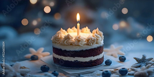 Obraz First birthday cake with candle, ai generated.