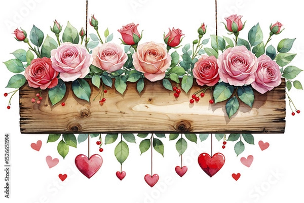 Fototapeta Colorful floral arrangement with roses and hearts in a rustic wooden display for decor