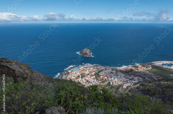 Fototapeta Aerial view of old town Garachico from Mirador de Garachico view point. Colorful houses and harbor. Ocean shore with lava rock pools. Popular tourist destination, Tenerife Canary Islands.