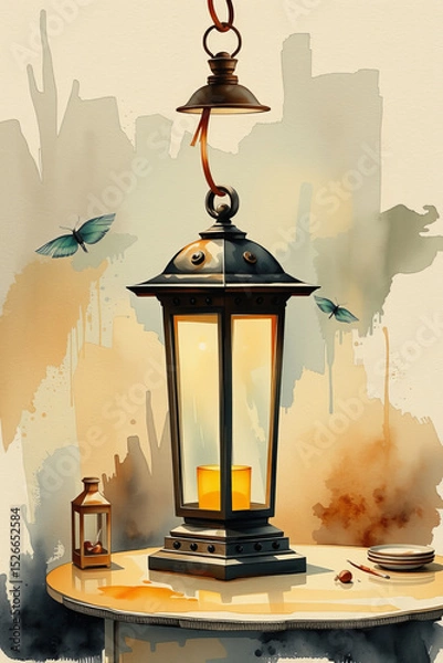 Obraz Charming watercolor painting of glowing lantern on table with butterflies flying nearby