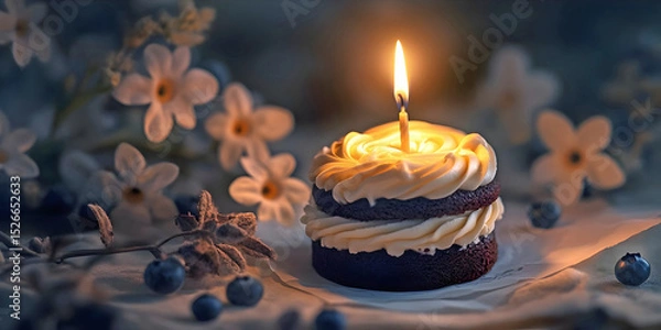 Obraz First birthday cake with candle, ai generated.