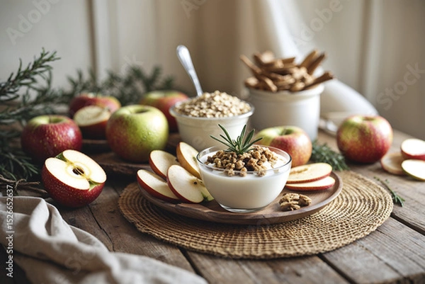 Fototapeta Delicious apple yogurt parfaits arranged with fresh apples and granola on a rustic wooden table in a cozy kitchen