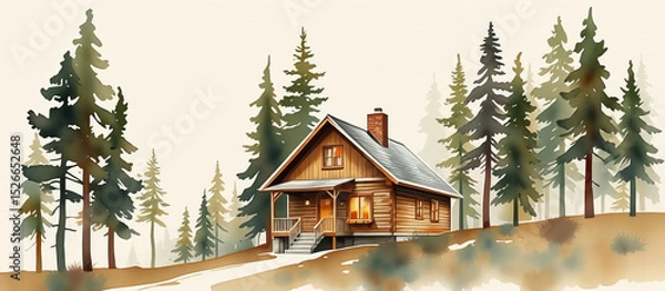 Obraz Charming watercolor cabin surrounded by tall pine trees in peaceful forest setting