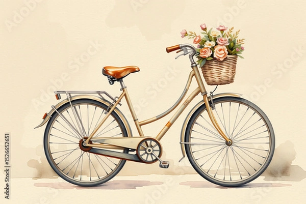 Obraz Charming watercolor bicycle with basket of flowers, vintage style and soft colors