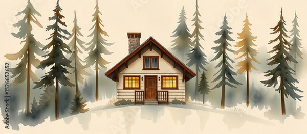 Obraz Charming watercolor cabin with warm glowing windows surrounded by tall pine trees in autumn