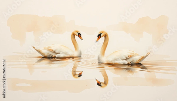 Obraz Two elegant swan swimming on calm water with soft reflection and warm tones