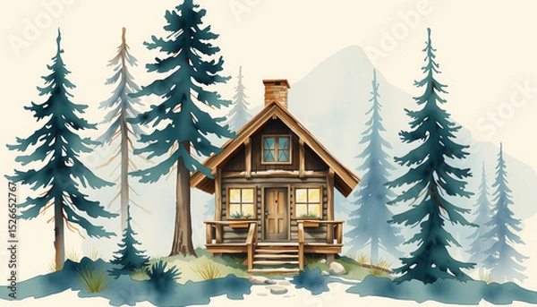 Obraz Charming watercolor cabin surrounded by tall pine trees in peaceful forest setting