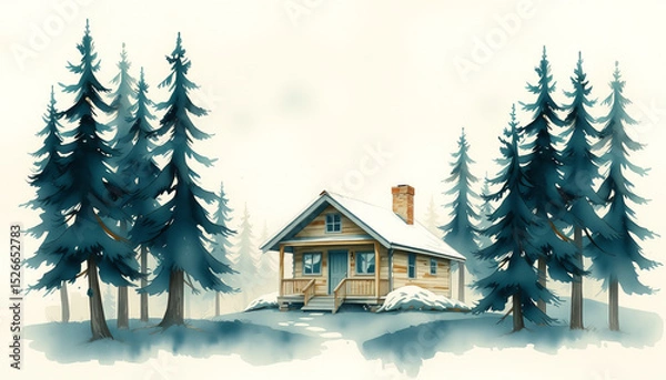 Obraz Charming watercolor cabin surrounded by tall pine trees in snowy winter forest