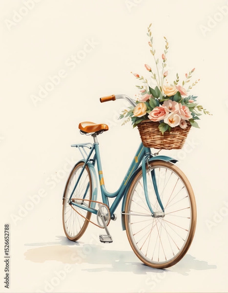 Obraz Charming watercolor bicycle with basket full of pastel flowers on light background
