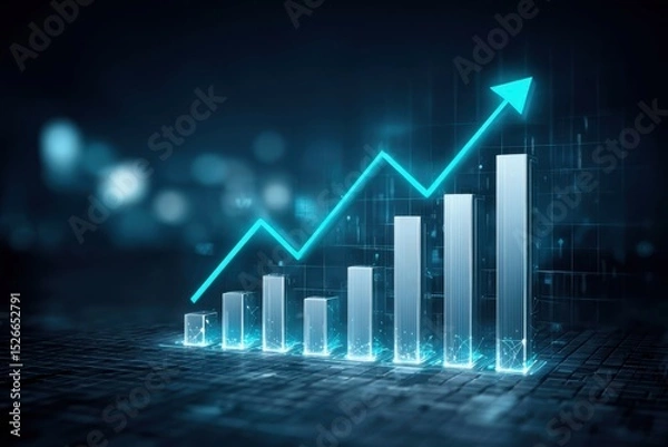 Fototapeta Concept of creating innovation in financial data analysis. A glowing blue 3D bar chart with an upward trending arrow, symbolizing growth, progress, and success in a futuristic digital environment.