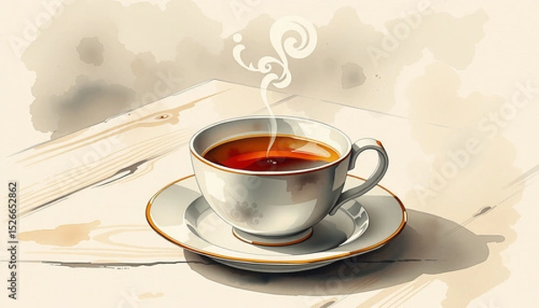 Obraz Charming watercolor style illustration of steaming cup of tea on wooden table with soft shadows