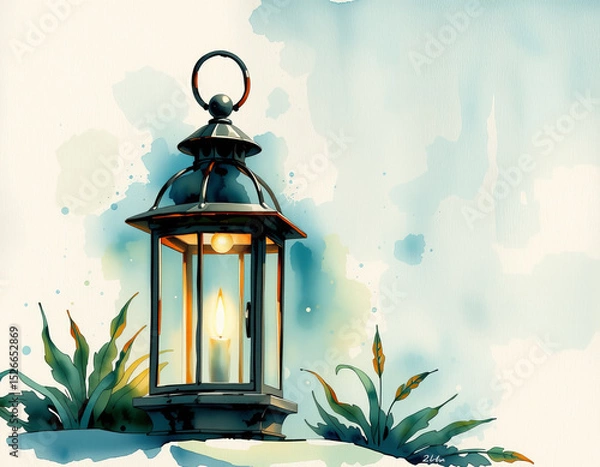 Obraz Charming watercolor painting of glowing lantern with green plants and soft background