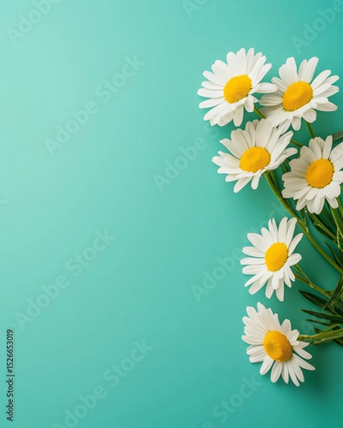 Fototapeta Fresh daisies arranged beautifully on vibrant turquoise background, creating cheerful and uplifting atmosphere