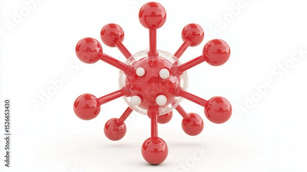 Fototapeta Isolated virus molecule model in red and white, showcasing detailed structure with spherical and spike features, representing scientific research
