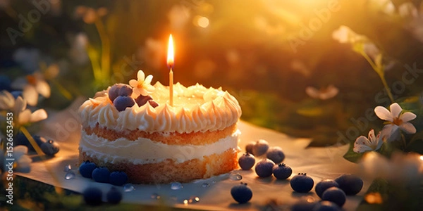 Obraz First birthday cake with candle, ai generated.