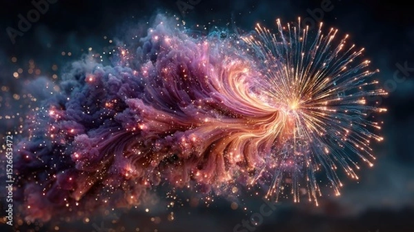 Fototapeta A dramatic firework exploding in a spiral pattern, vibrant purples and blues mixing with white sparks, high-energy celebration
