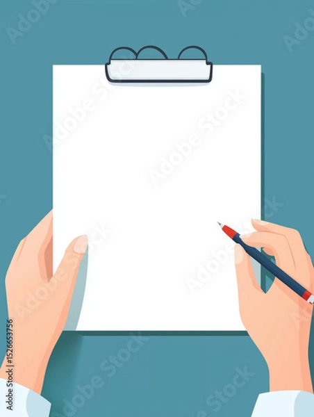 Fototapeta Person is holding pen and preparing to write on blank clipboard, conveying sense of creativity and readiness