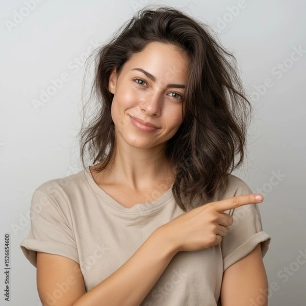 Obraz An attractive woman smiling and pointing, exuding confidence and positivity in a neutral background.