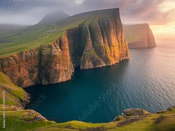 Fototapeta Dramatic faroe islands cliffs sunset ocean view