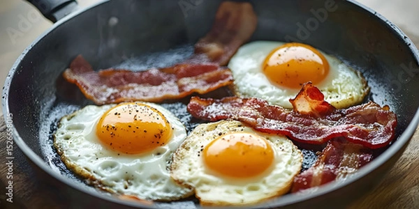 Obraz fried eggs  and bacon in a frying pan, ai generated.
