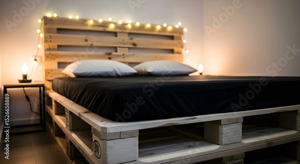 Fototapeta Cozy Bedroom Featuring Pallet Bed Frame With Lights and Minimalist Decor