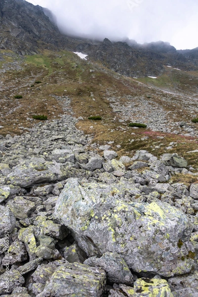 Fototapeta Alpine wilderness scenery featuring dark misty mountain slopes, rocky terrain under cloudy sky