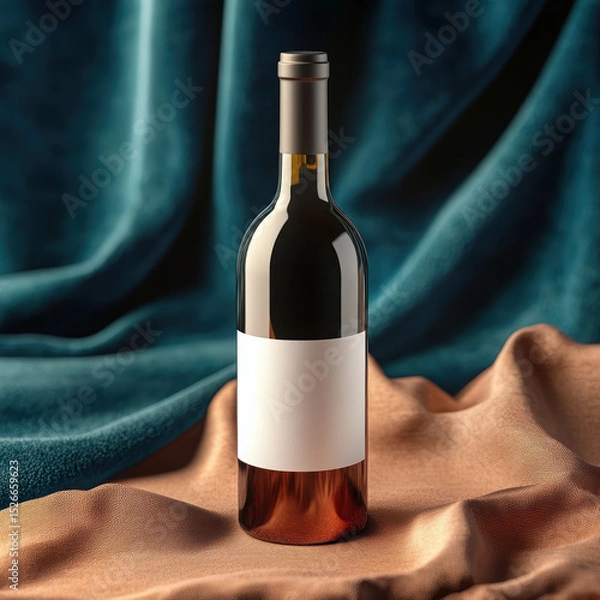 Fototapeta A dark elegant wine bottle standing upright on a soft, cream-colored fabric background, with soft natural lighting casting gentle shadows. High quality photo